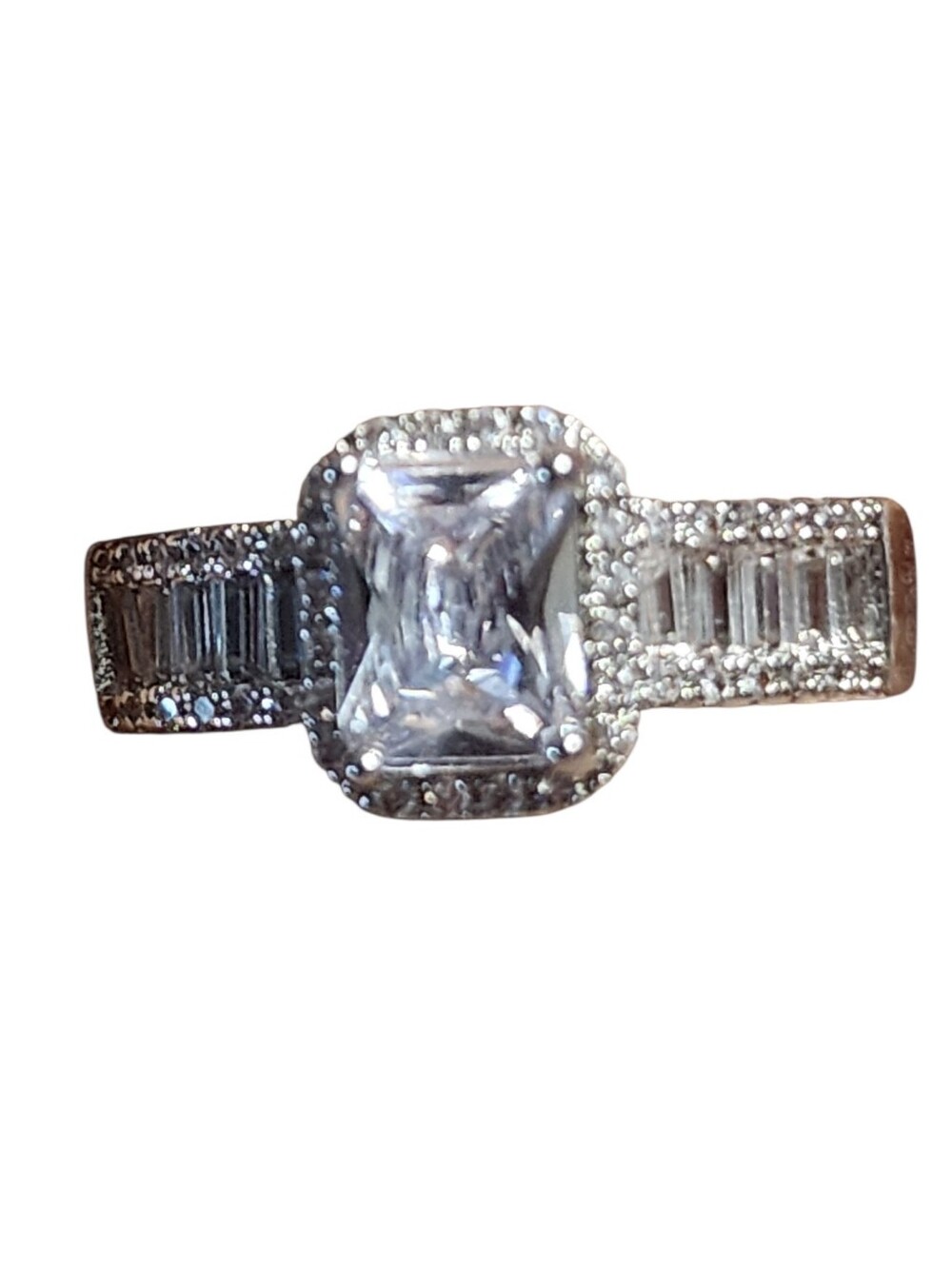 Silvertone Crystal Halo Engagement Ring with Channel Set Crystals - Picture 2 of 9